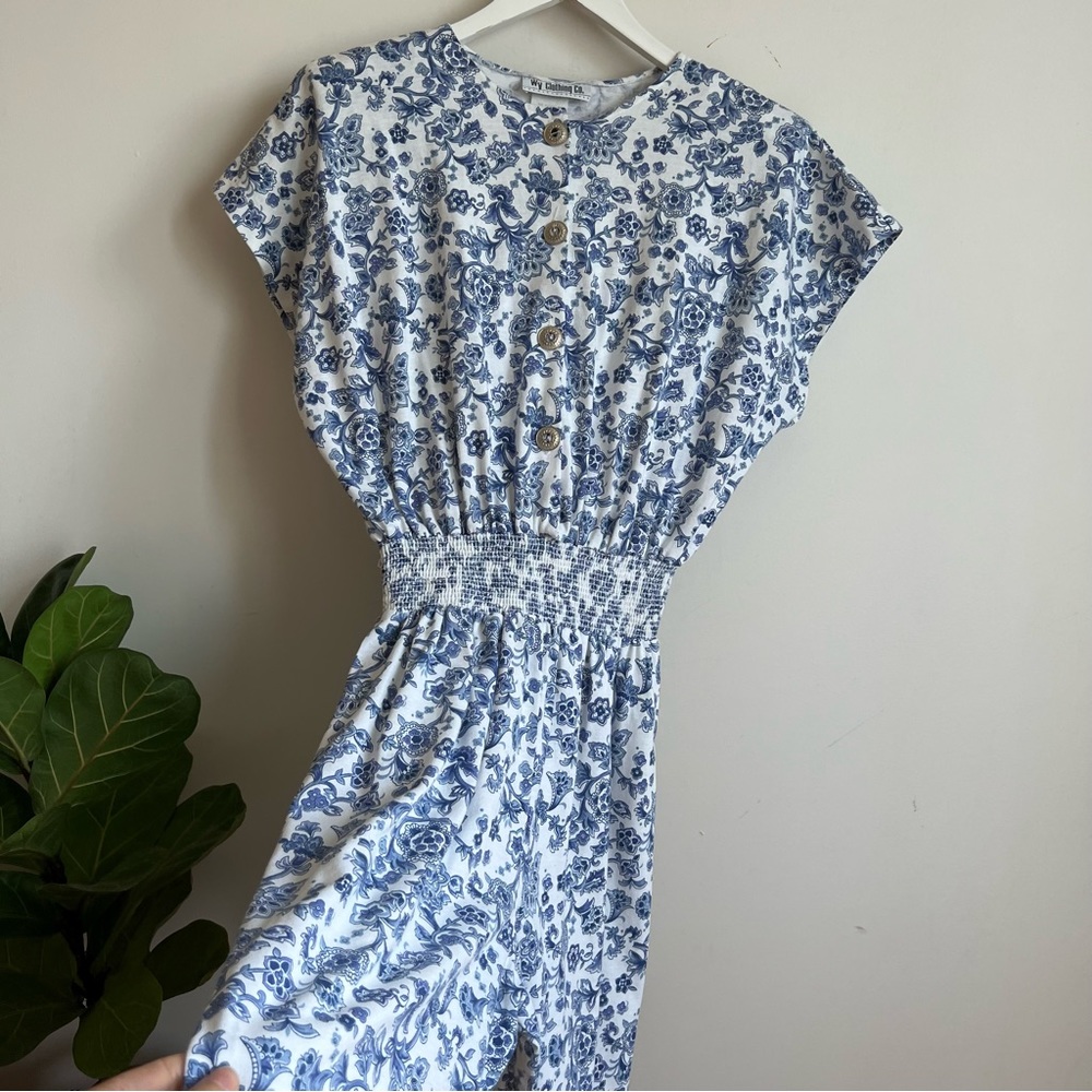 Vintage 80s 90s Jumpsuit Floral Print Blue White Size 8 Romper Cotton Polyester - Picture 3 of 8